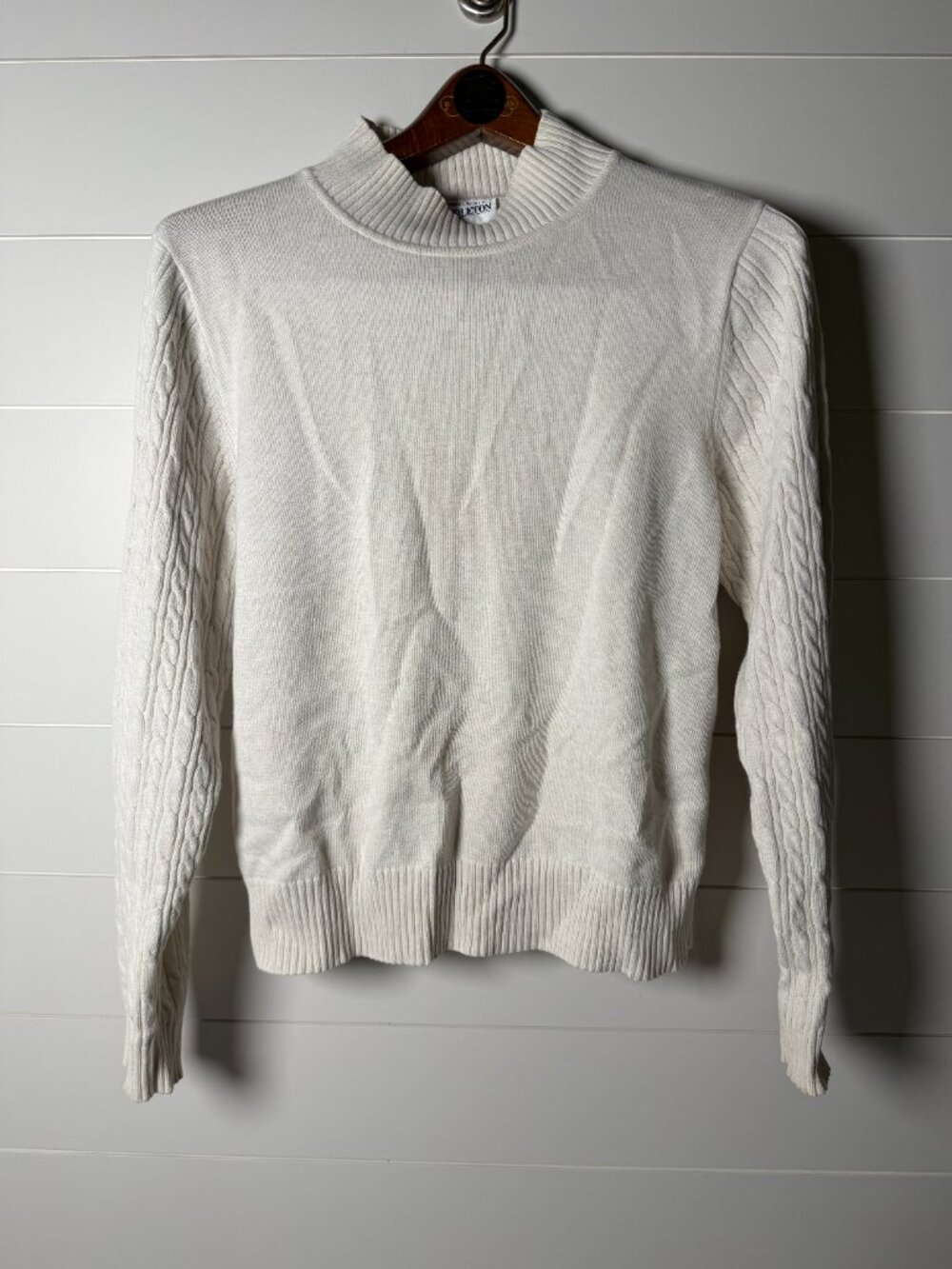 Pendleton Sweater Mock Turtleneck Cableknit Sleeves Off White Cotton Blend Sz L